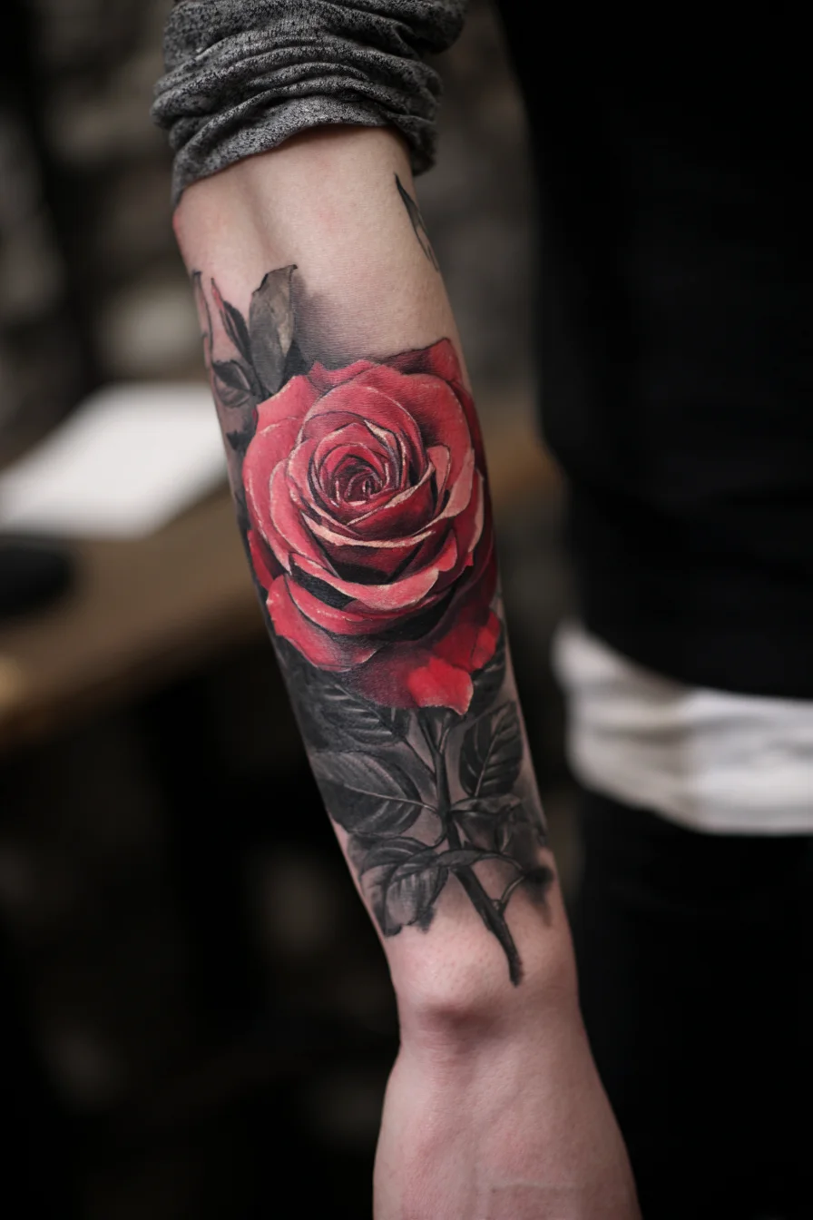 Realistic Red Rose Forearm Tattoo — Bold Color with Black & Grey Leaves