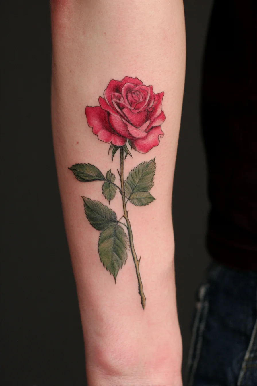 Realistic Red Rose Forearm Tattoo — Single Stem Floral Design for Men