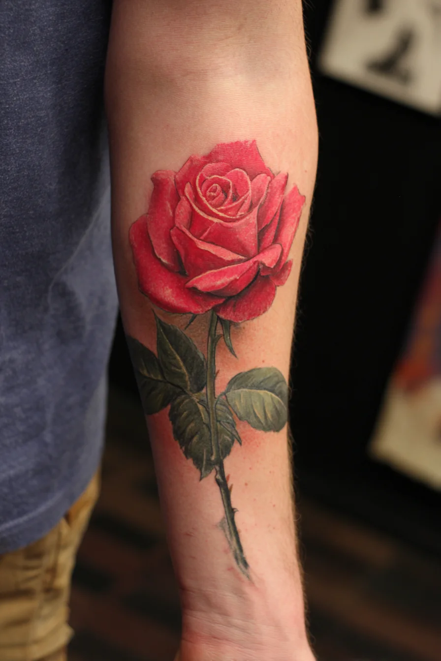 Realistic Red Rose Forearm Tattoo — Single Stem Floral for Men