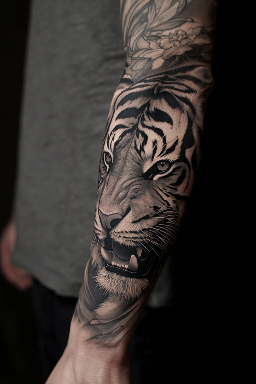 Realistic Roaring Tiger Forearm Tattoo — Black & Grey Sleeve