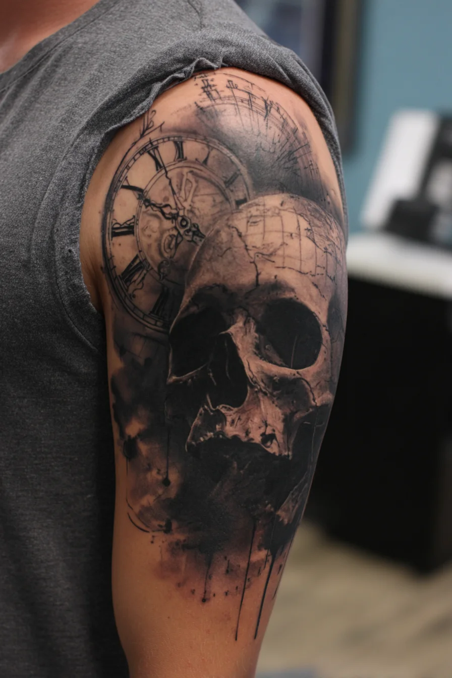 Realistic Skull and Clock Half-Sleeve — Black & Grey Timepiece Tattoo
