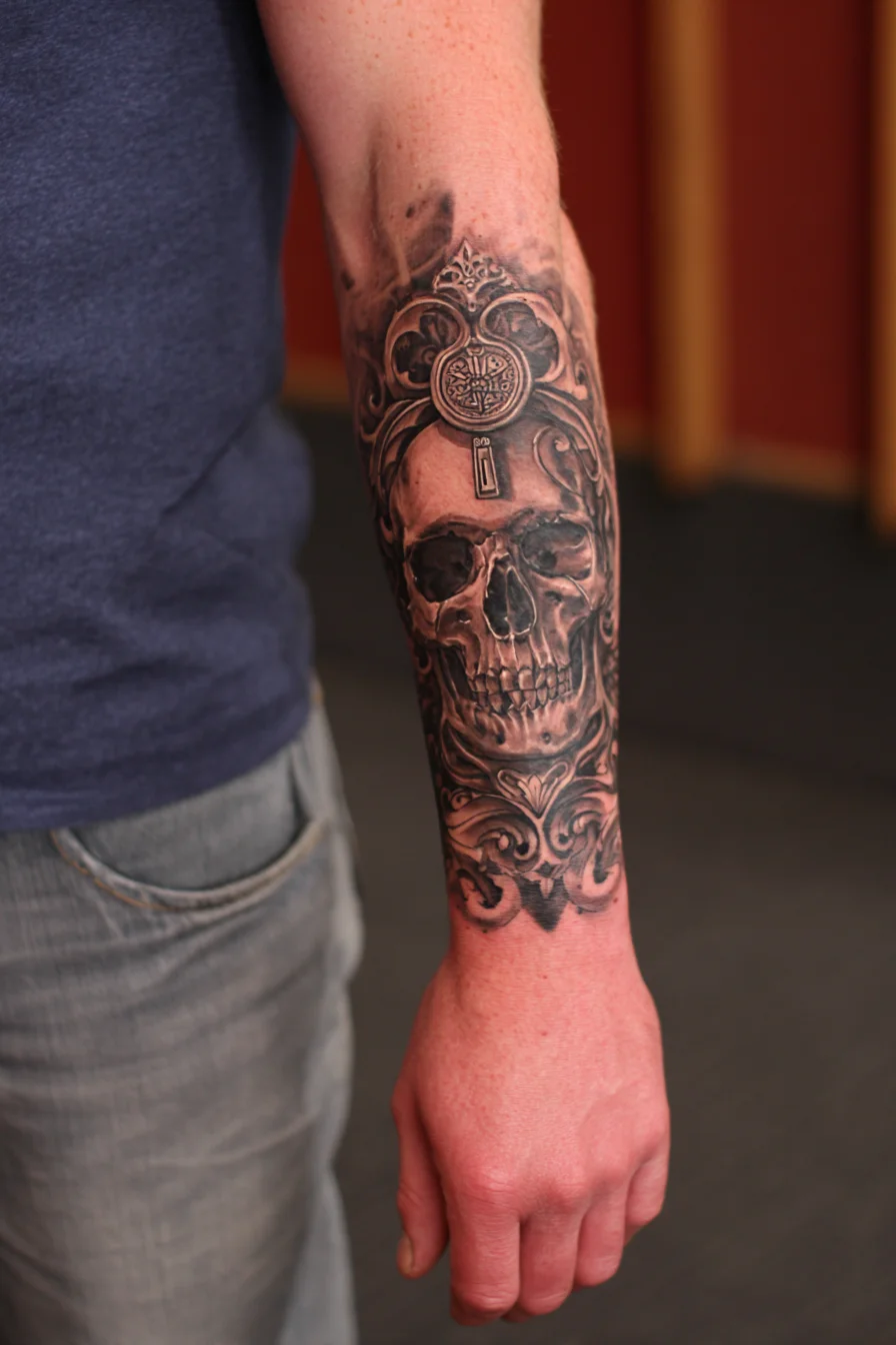 Realistic Skull Forearm Tattoo with Ornamental Filigree and Key Motif