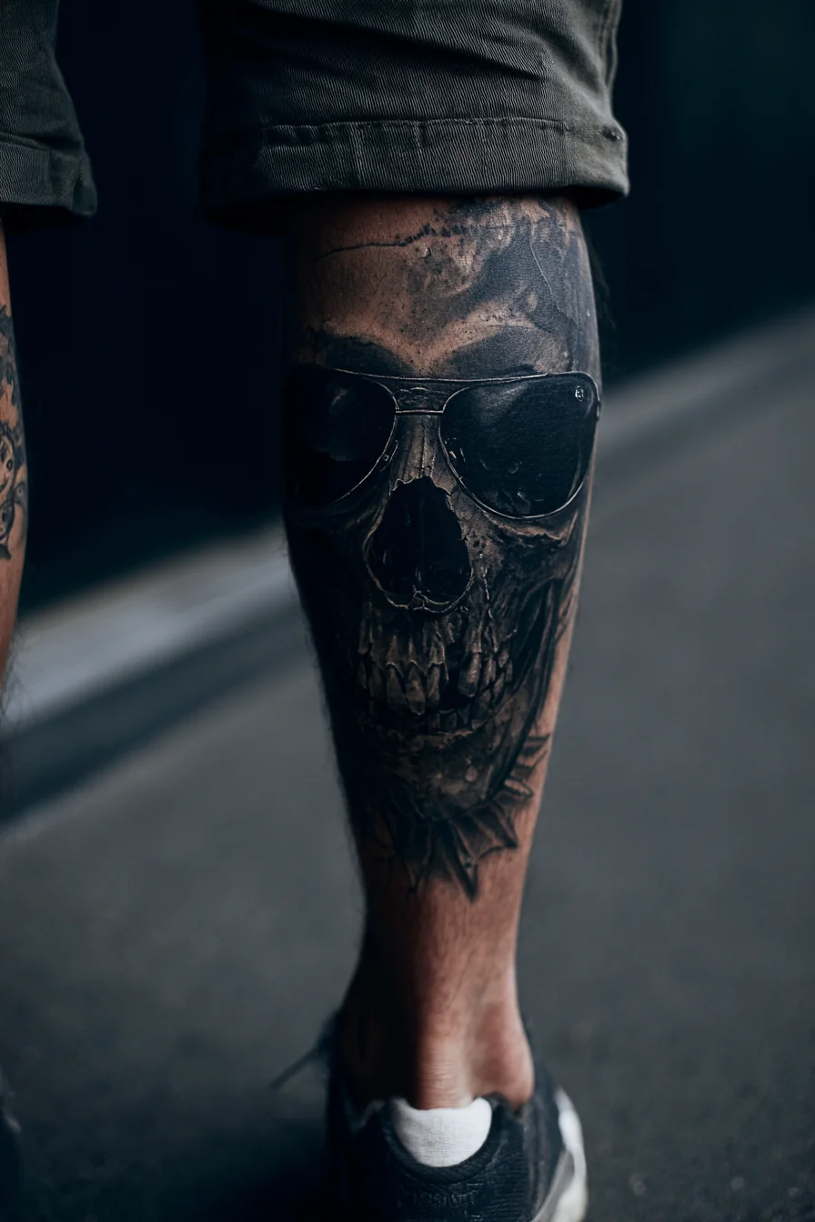 Realistic Skull with Sunglasses — Calf Black & Grey Tattoo