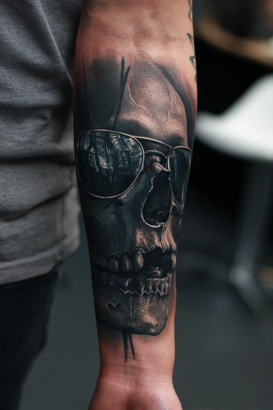 Realistic Skull with Sunglasses Forearm Tattoo — Dark Realism & Reflective Lenses