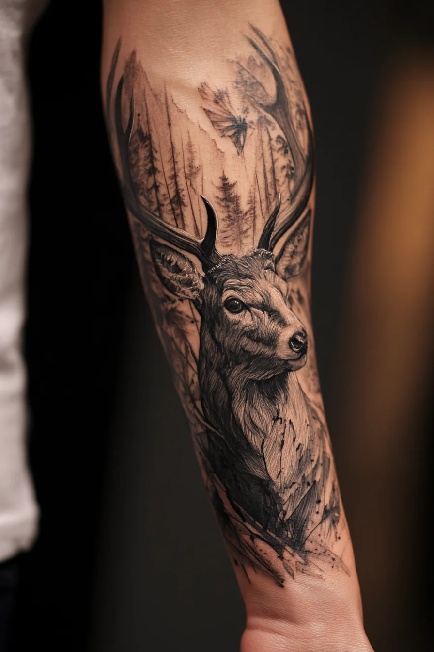 Realistic Stag Forearm Tattoo — Black & Gray Deer Portrait with Woodland Background