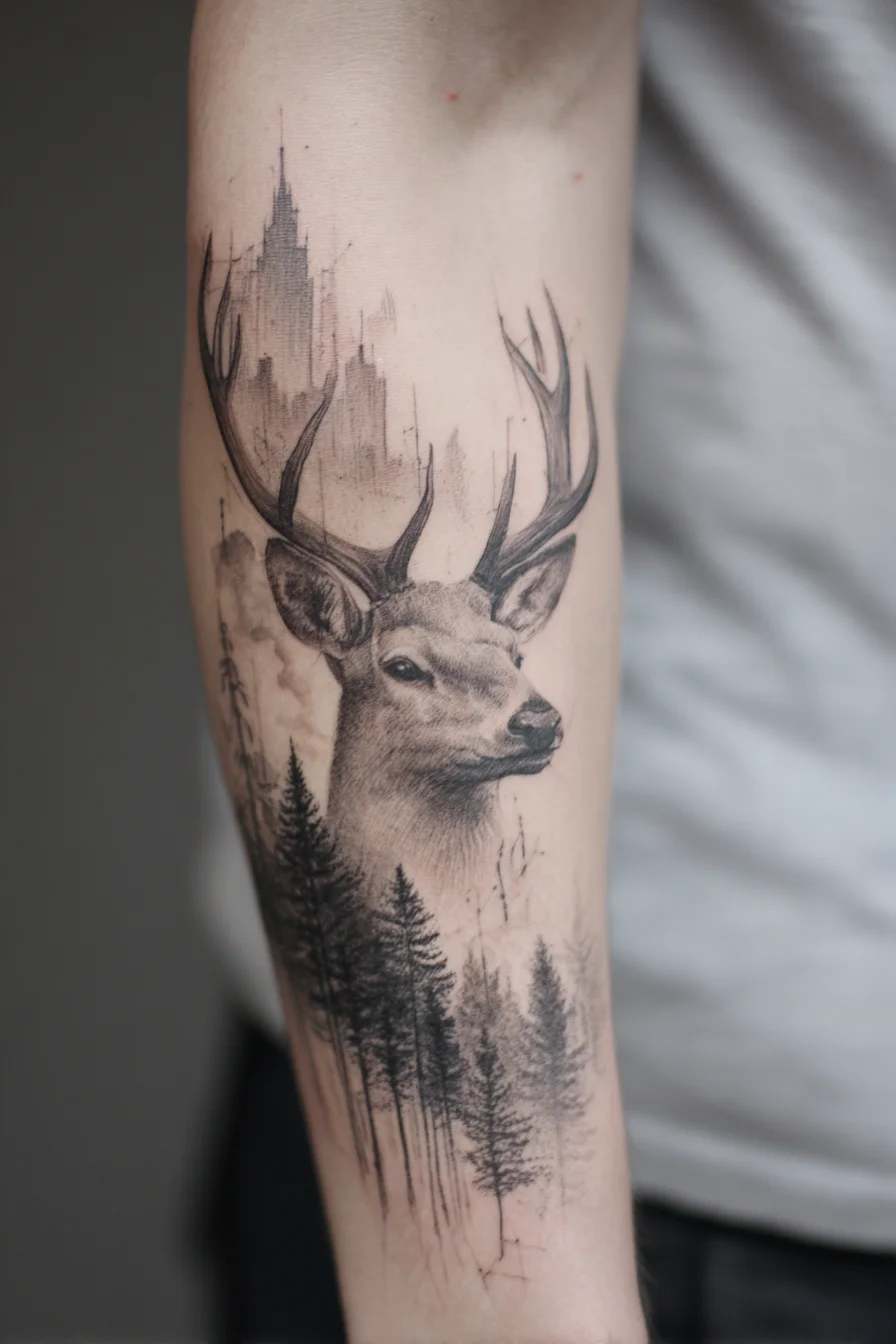Realistic Stag & Pine Forest Tattoo — Black & Grey Forearm Design