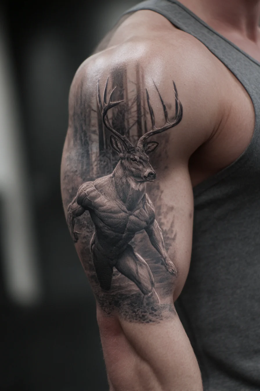 Realistic Stag Warrior Upper-Arm Tattoo — Deer Head, Antlers, Muscular Torso