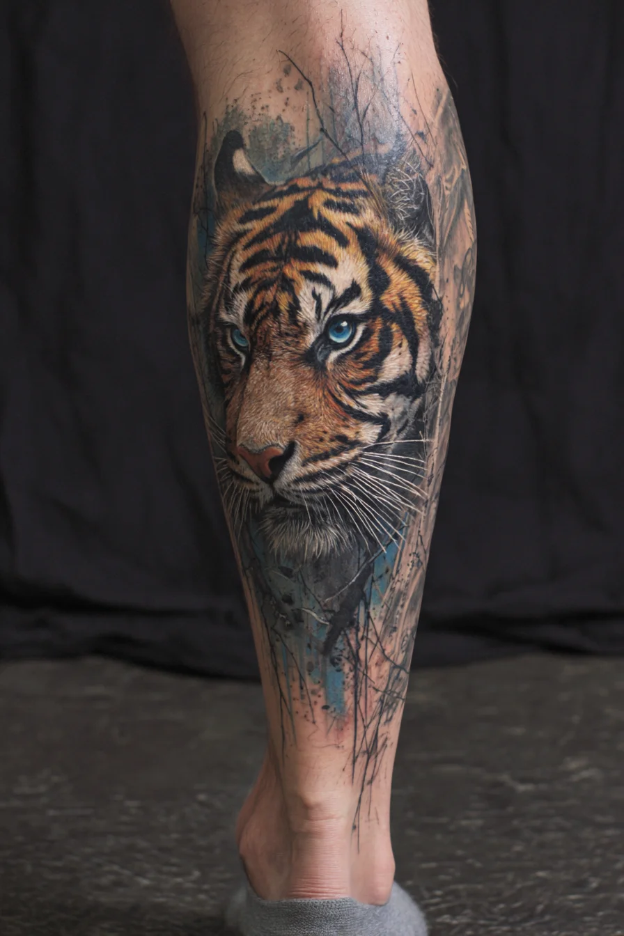 Realistic Tiger Calf Tattoo — Blue‑Eyed Tiger Portrait with Watercolor Accents
