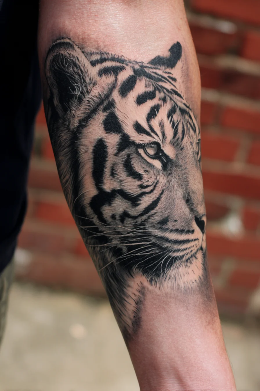 Realistic Tiger Forearm Tattoo — Black & Grey Portrait for Men