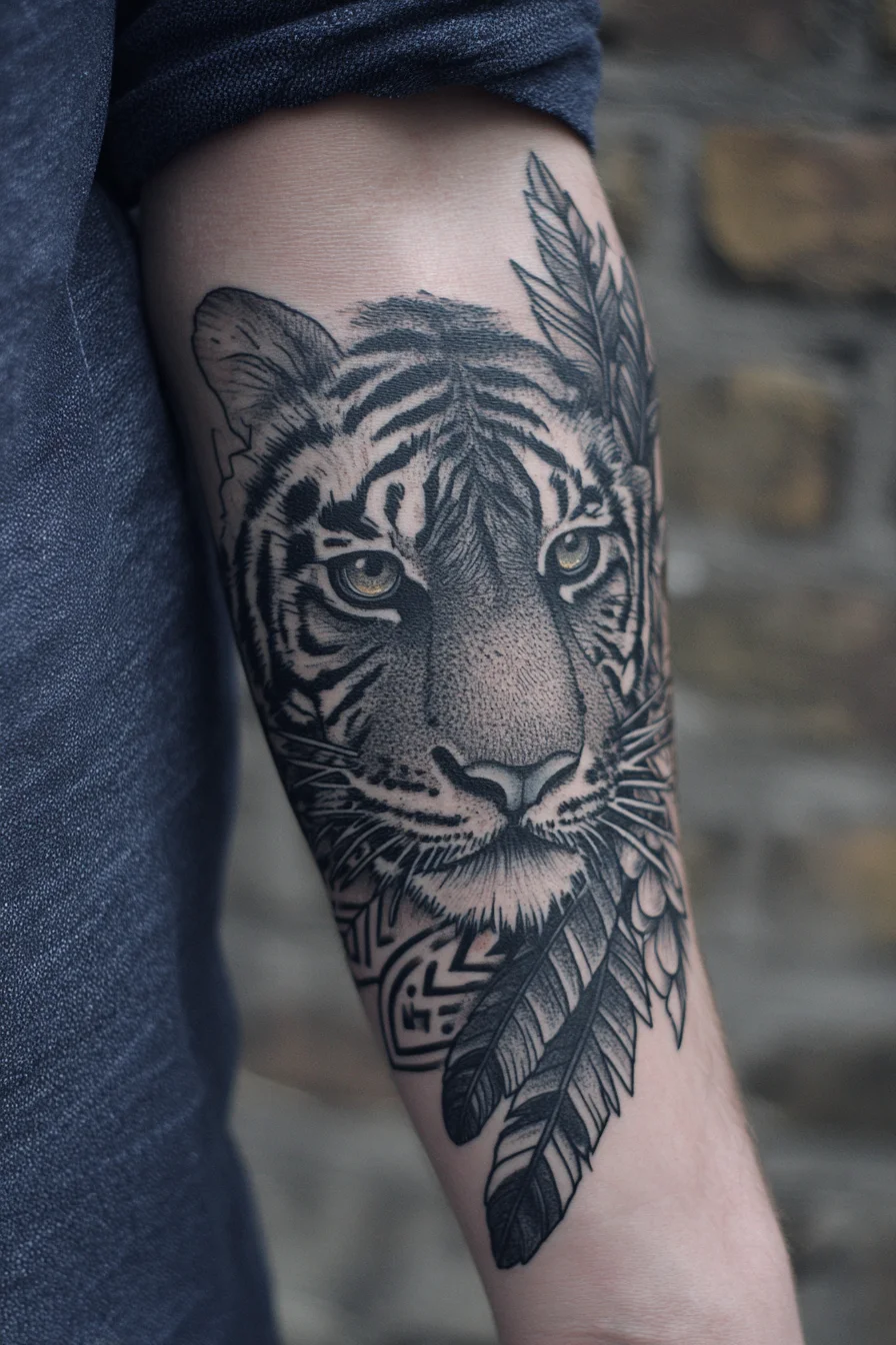 Realistic Tiger Forearm Tattoo with Feathers — Blackwork Masculine Design