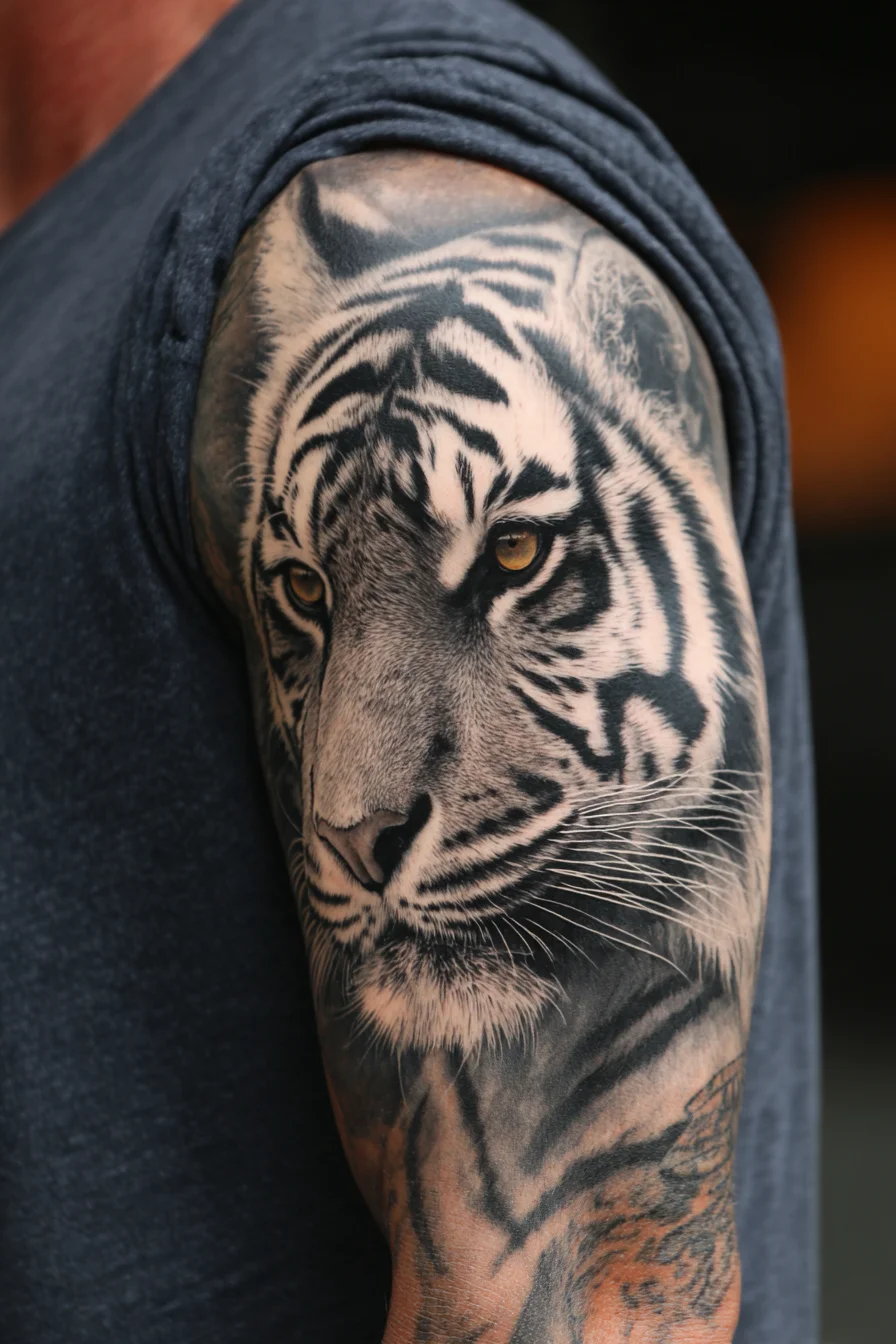 Realistic Tiger Upper-Arm Half-Sleeve Tattoo - Black & Grey with Amber Eyes