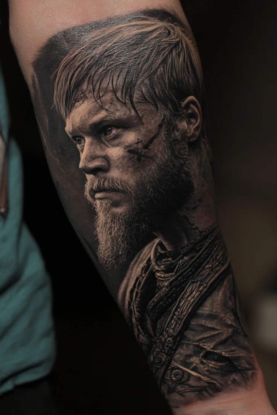 Realistic Viking Warrior Portrait — Black & Grey Forearm Tattoo