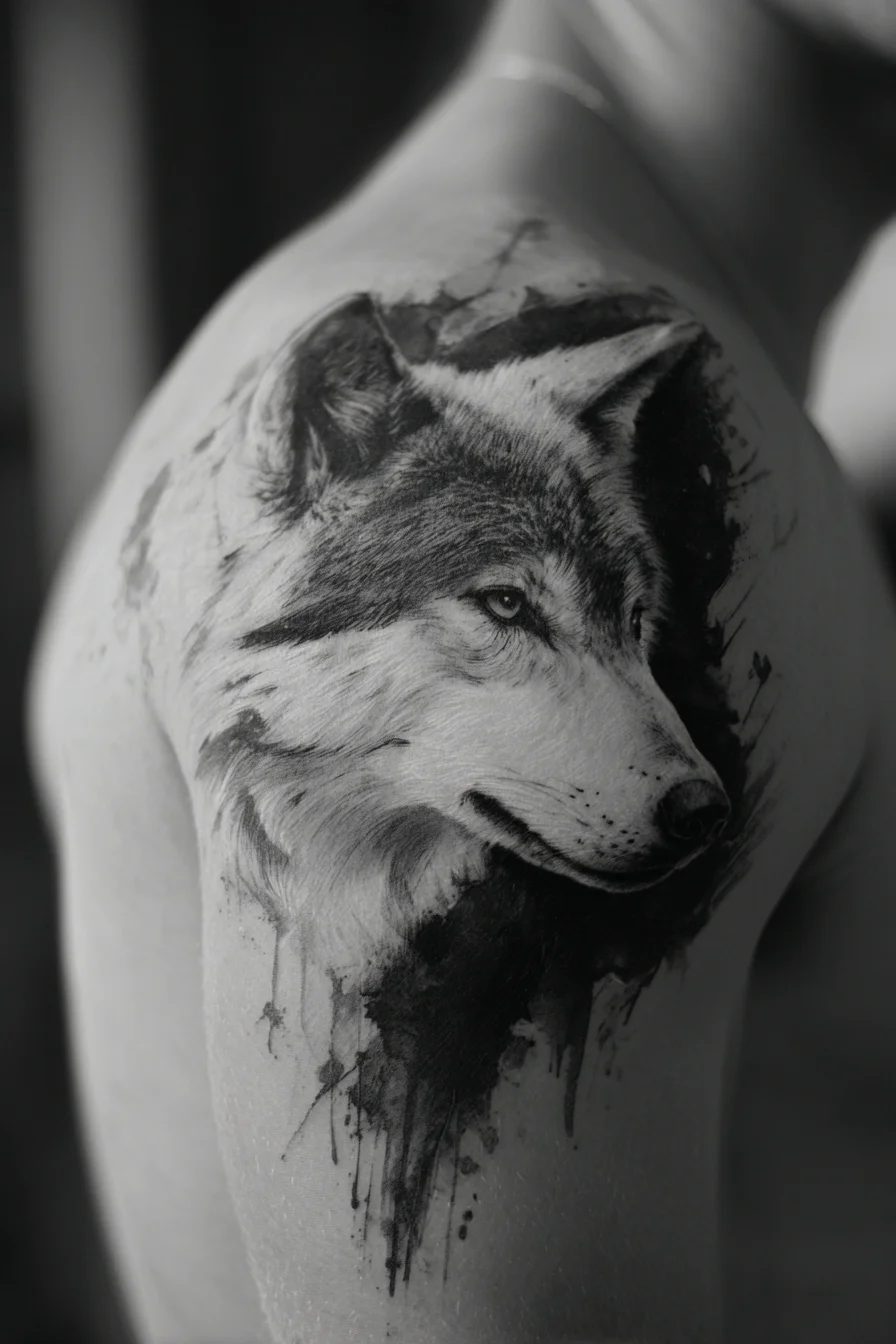 Realistic Wolf Shoulder Tattoo — Black & Grey Portrait with Ink-Splatter