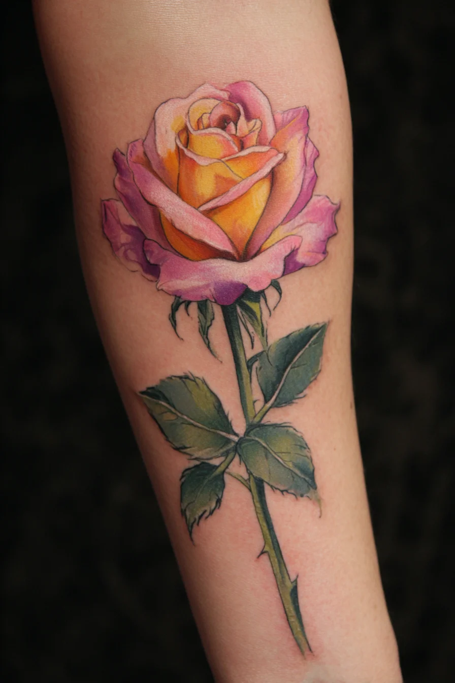 Realistic Yellow–Pink Rose Forearm Tattoo — Neo‑Traditional Botanical Design