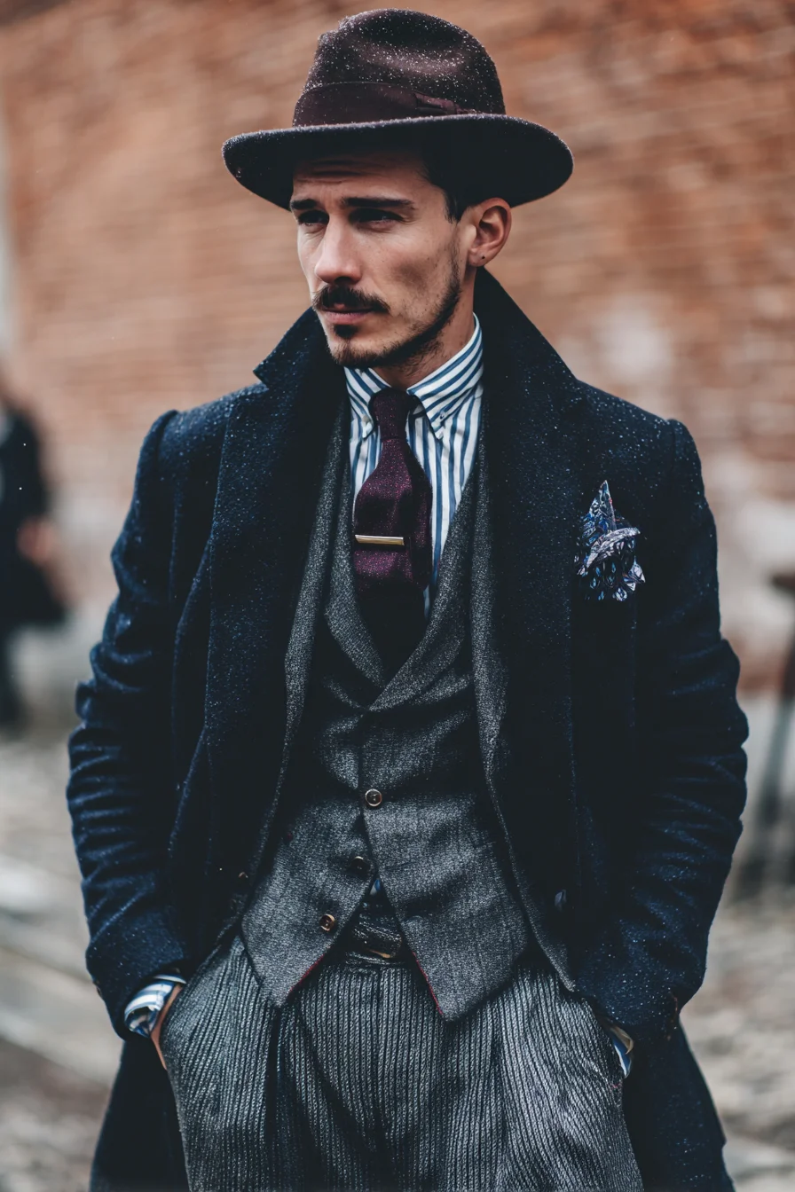 Refined Layered Winter Tailoring — Overcoat, Waistcoat, Striped Shirt & Tie