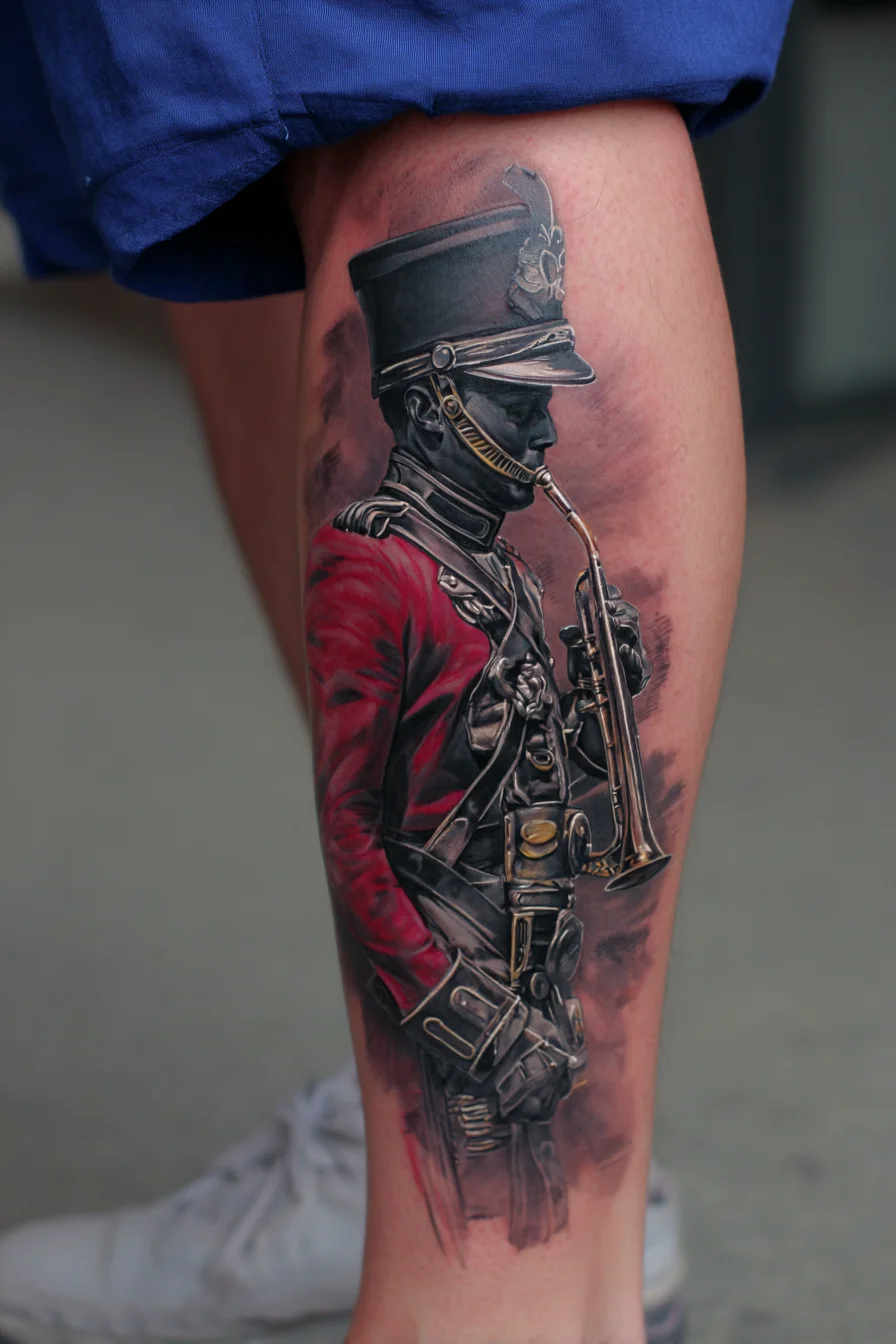 Regimental Bugler Realistic Calf Tattoo — Military Musician Design