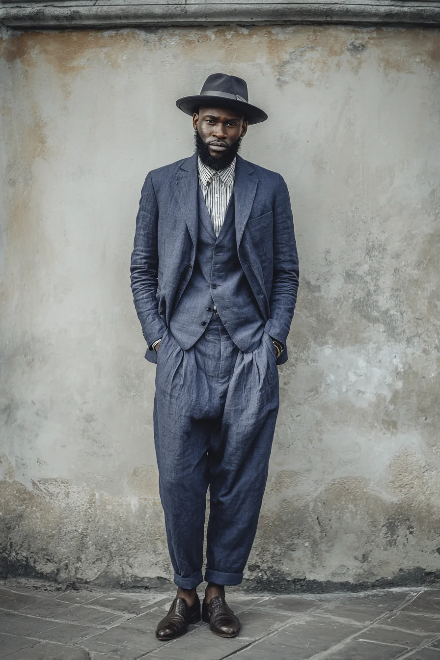 Relaxed Navy Three-Piece: Modern Linen Suit, Cropped Pleats & Fedora Styling