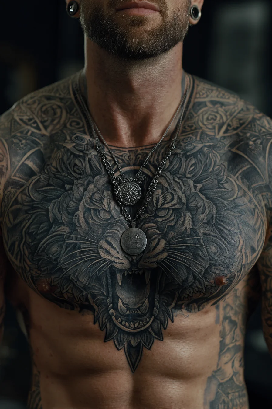 Roaring Big Cat Chest Tattoo — Black & Grey Masculine Chest Piece