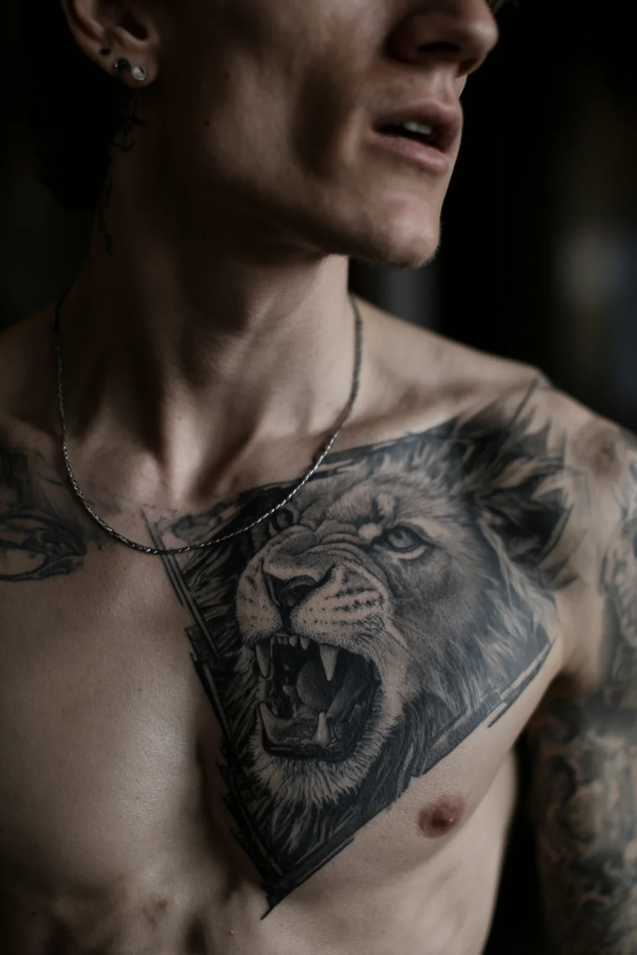 Roaring Lion Chest Tattoo — Black & Grey Realism Pectoral Design