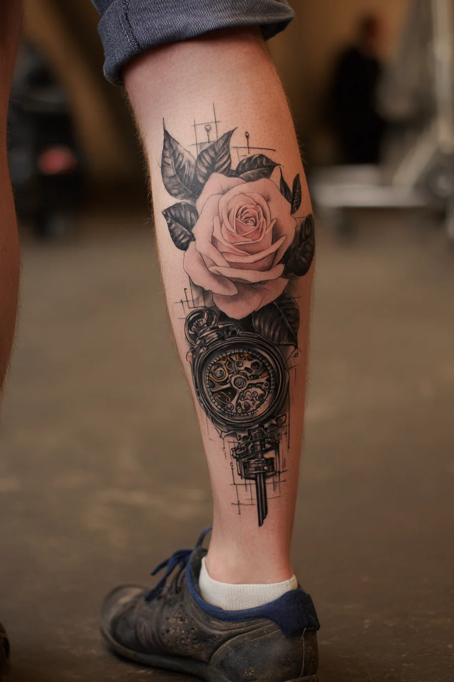 Rose & Mechanical Pocket Watch Calf Tattoo — Timeless Floral Gear Design