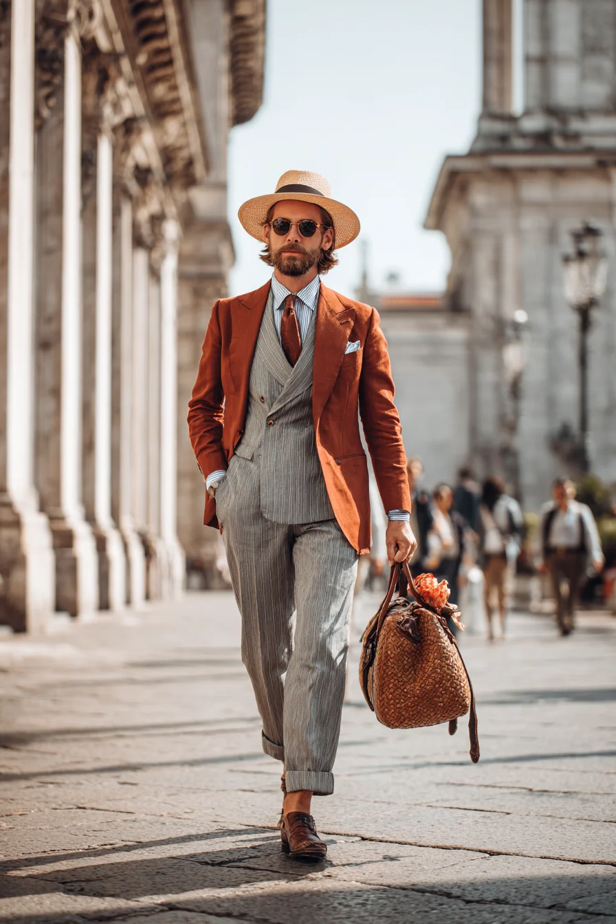 Rust Blazer & Pinstripe Double-Breasted Suit: Smart Summer Tailoring