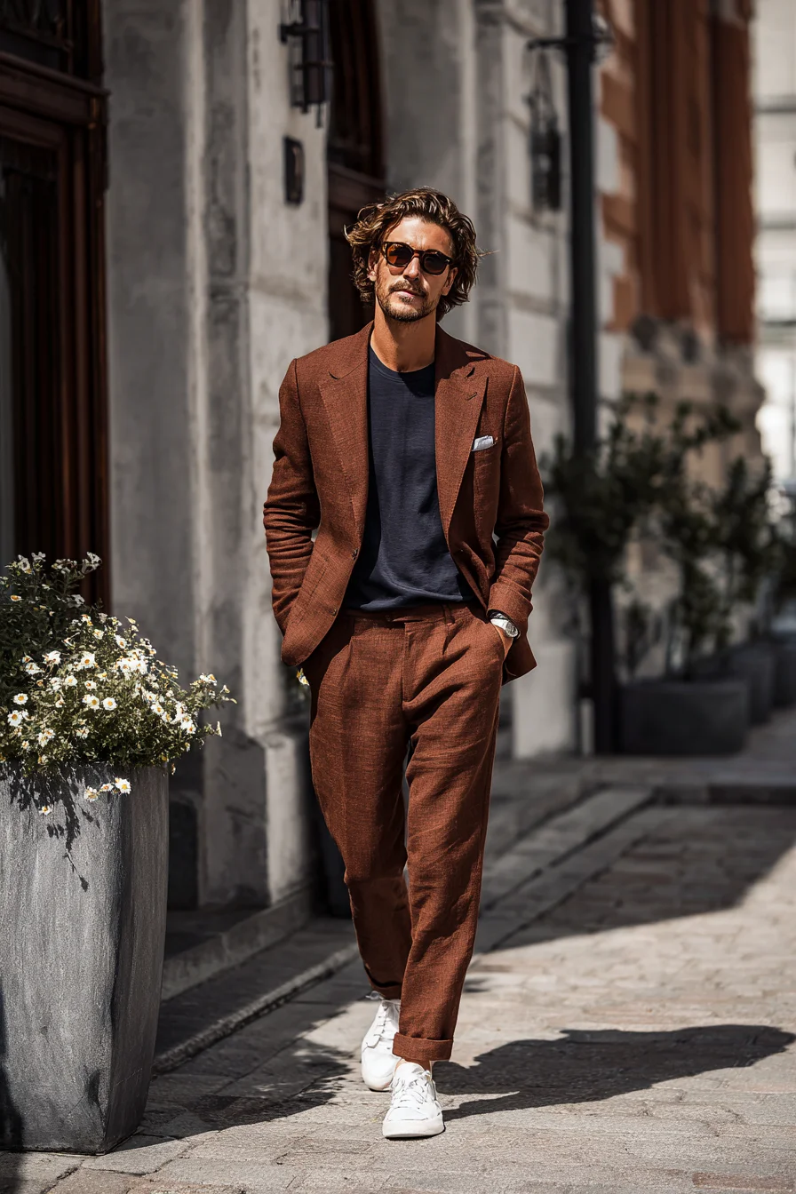 Rust Linen Suit with Navy Tee - Modern Smart-Casual Mens Outfit