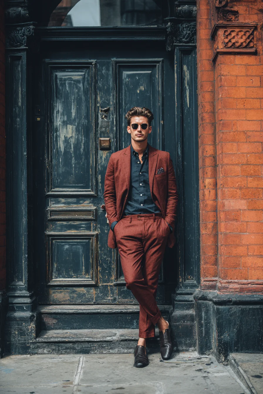 Rust Suit with Navy Shirt — Modern Smart‑Casual Mens Styling