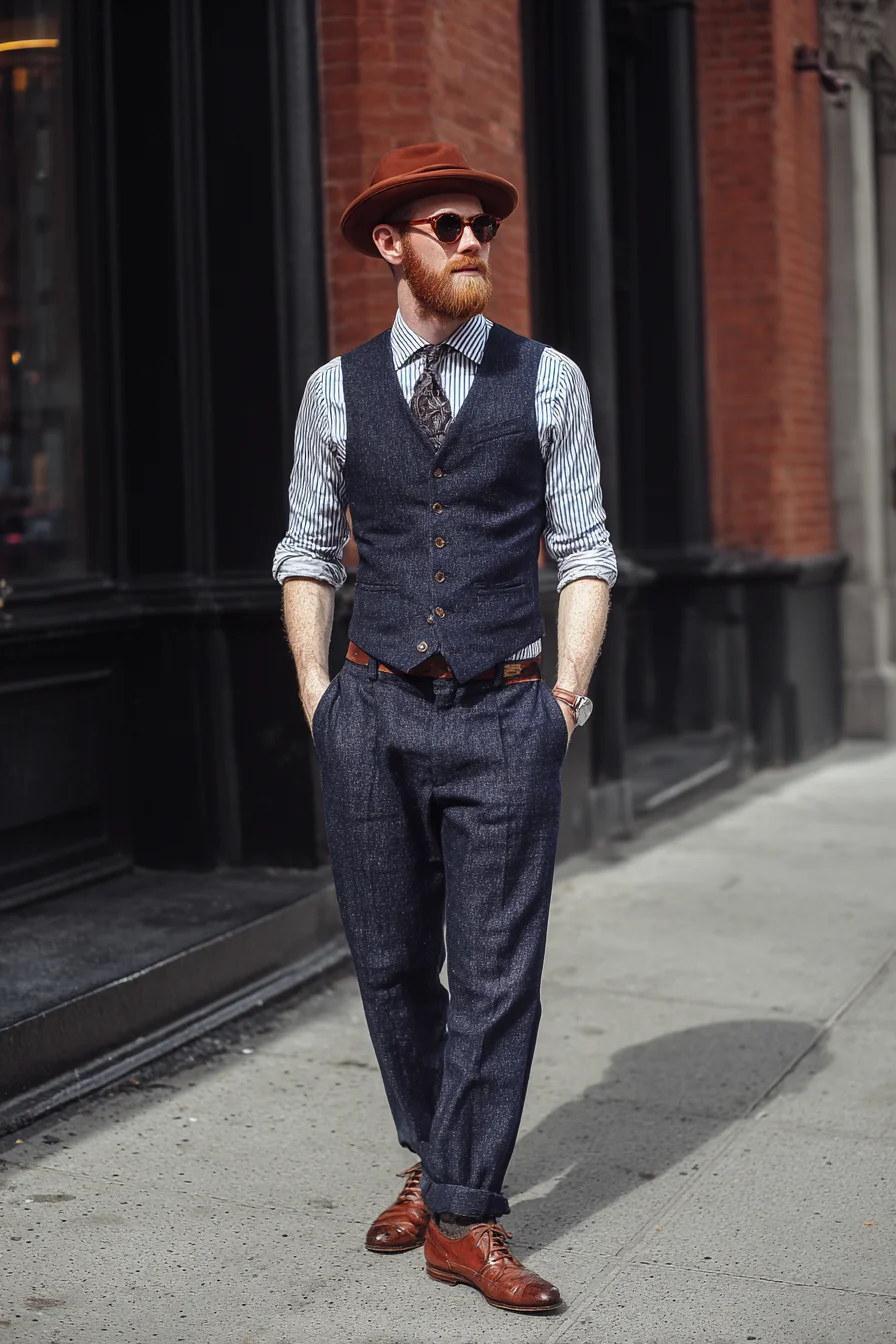 Rustic Smart-Casual: Tweed Waistcoat and Trousers with Brown Leather Accents