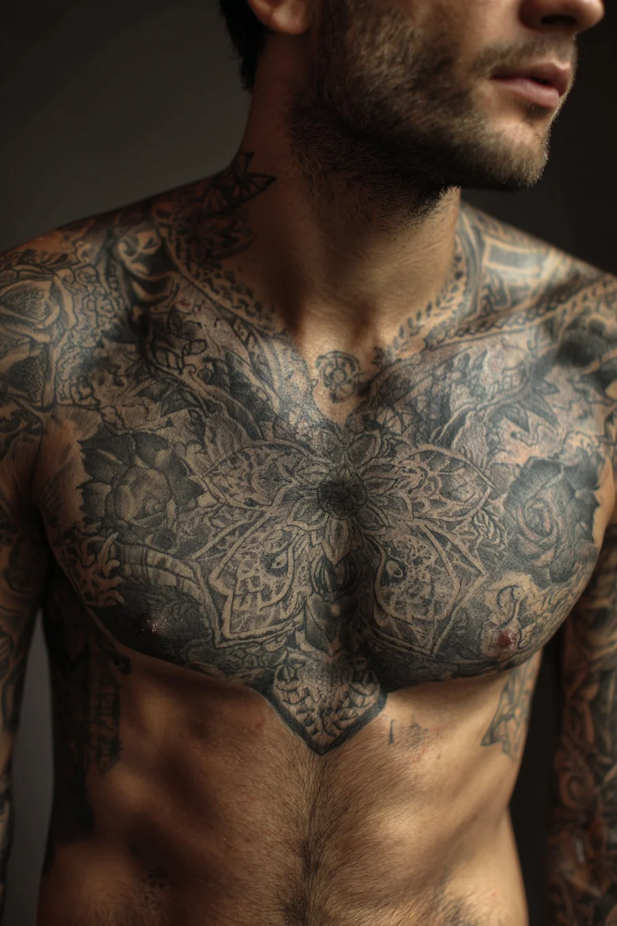 Sacred Mandala Chest Piece — Black & Grey Ornamental Sternum Tattoo