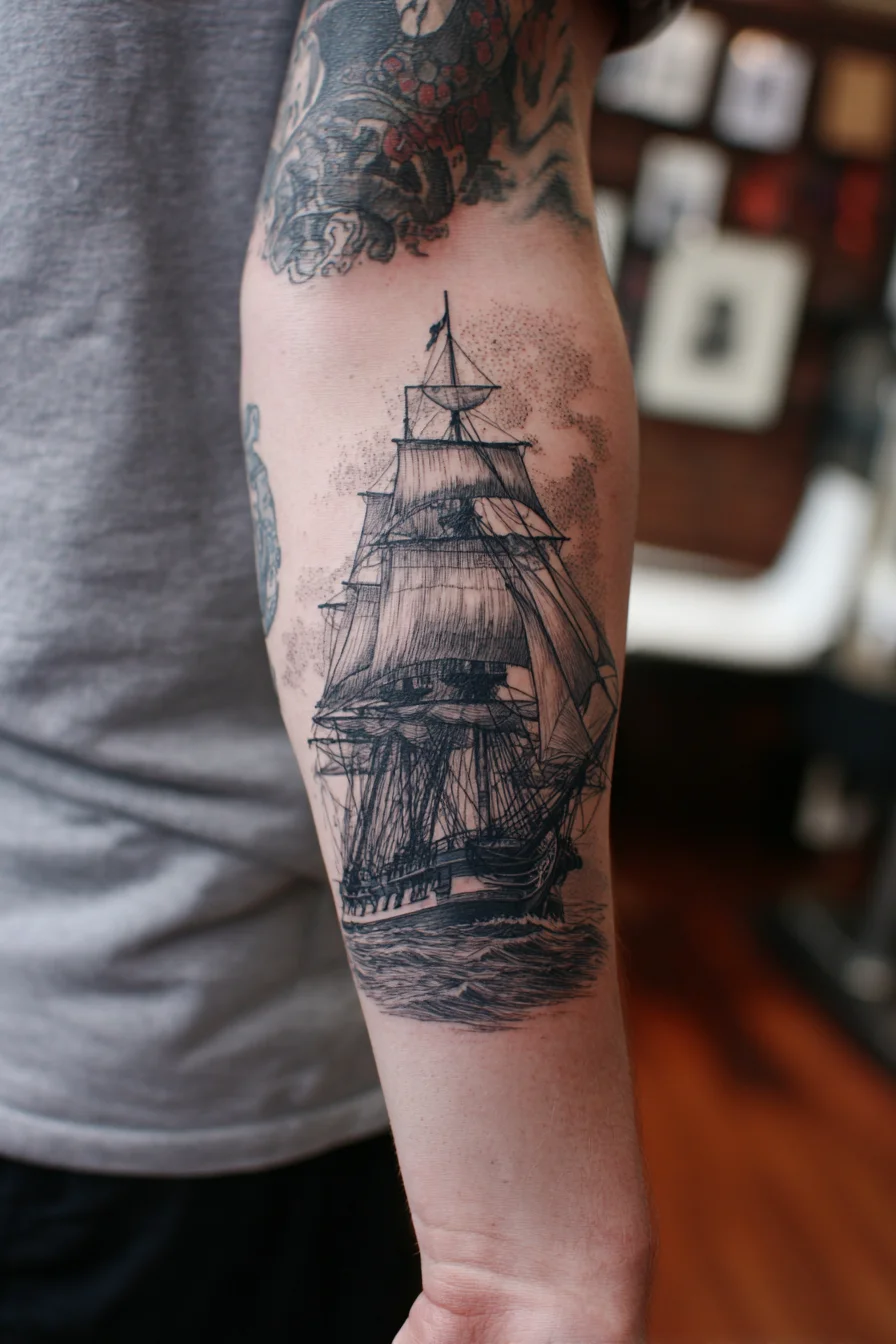 Sailing Ship Forearm Tattoo — Nautical Linework & Dotwork