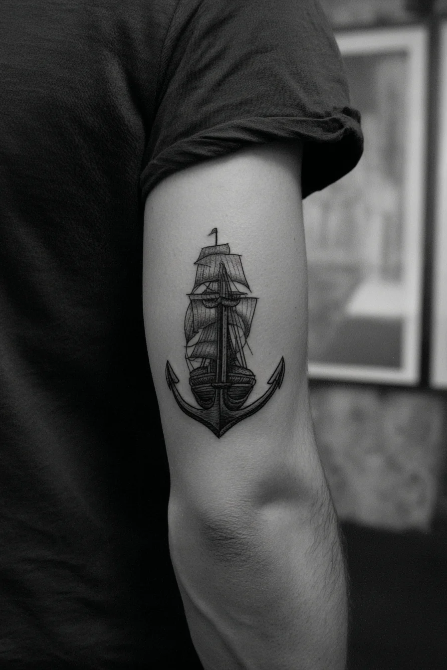 Sailing Ship with Anchor Tattoo — Nautical Blackwork Upper-Arm Design