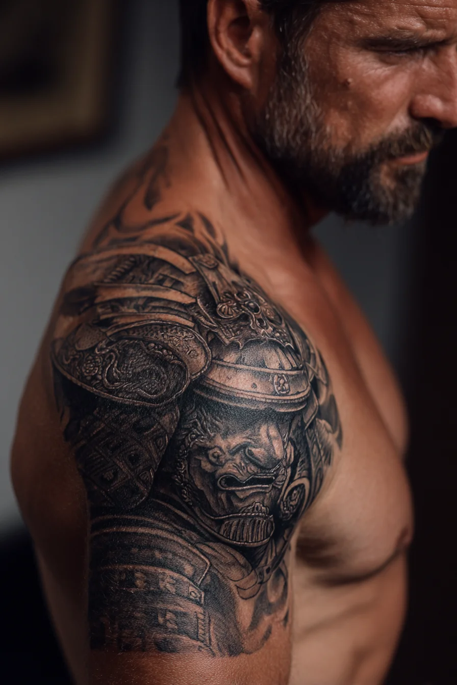 Samurai Armor Half-Sleeve Tattoo — Black & Grey Japanese Warrior Shoulder Design