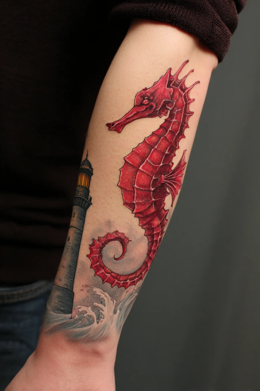 Seahorse Forearm Tattoo — Red Nautical Seahorse with Lighthouse