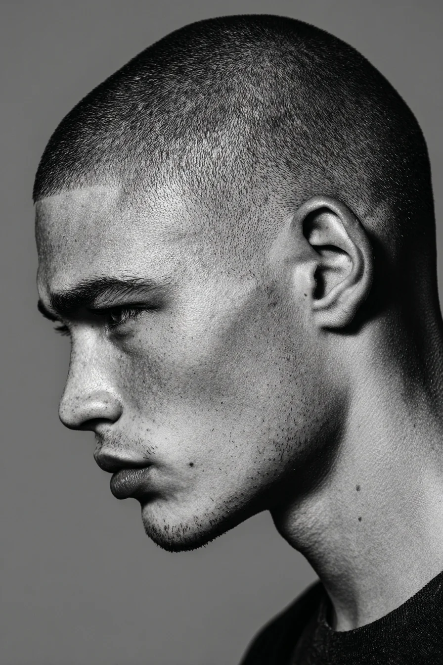 Short Buzz Cut with Low Skin Fade and Crisp Hairline