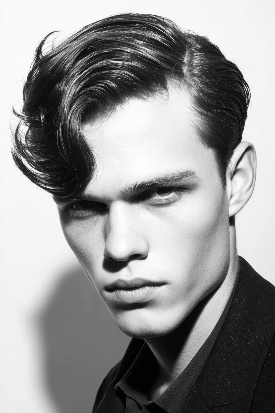 Side-Parted Wavy Pompadour — Modern Mens Slick Back with Volume