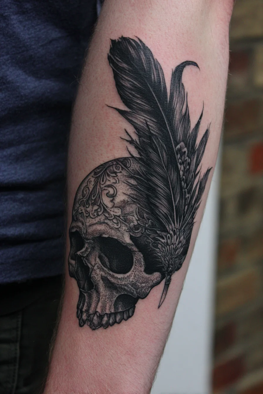 Skull and Feather Tattoo — Black & Grey Forearm Design