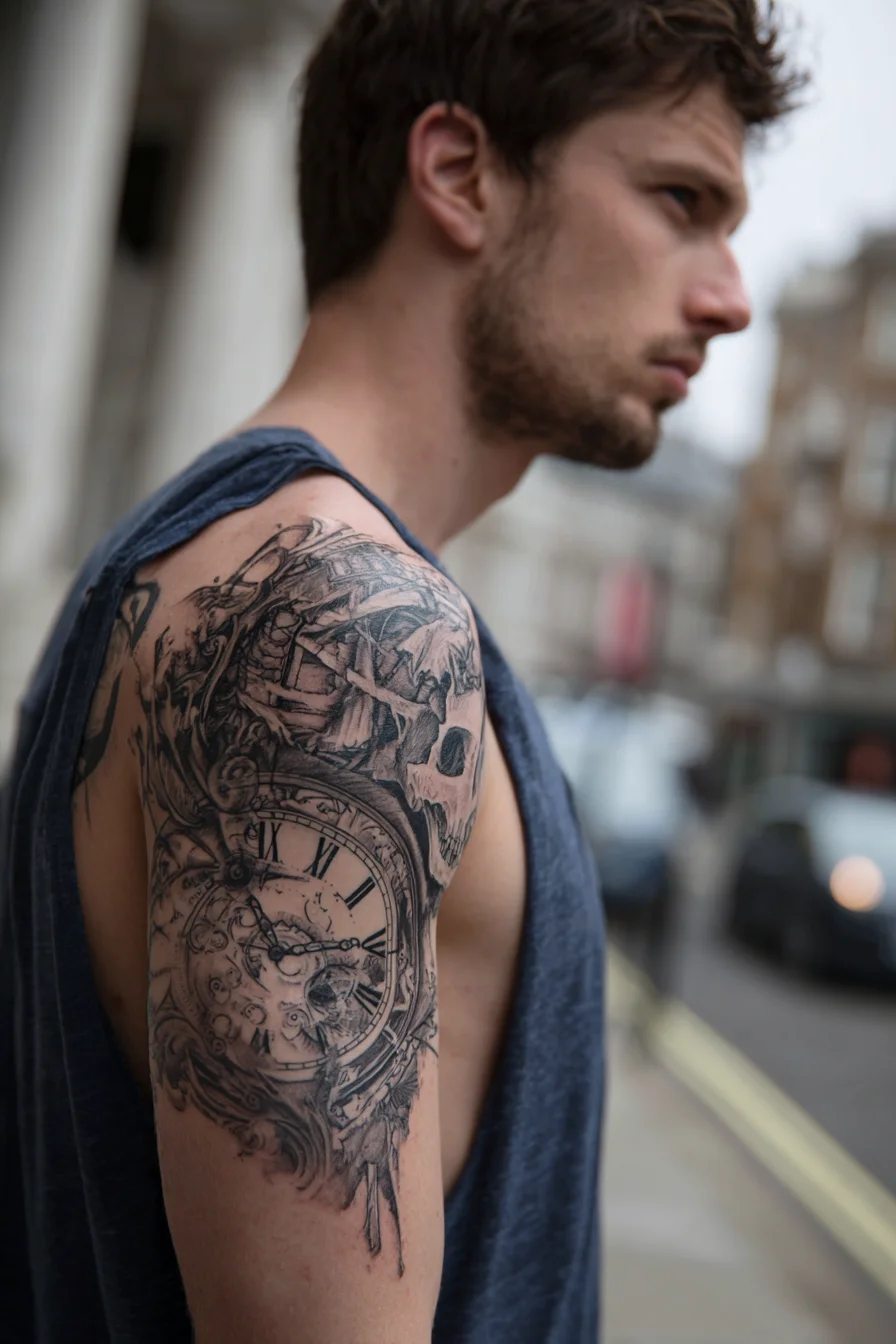 Skull and Pocket Watch Upper-Arm Tattoo — Memento Mori Black & Grey Design