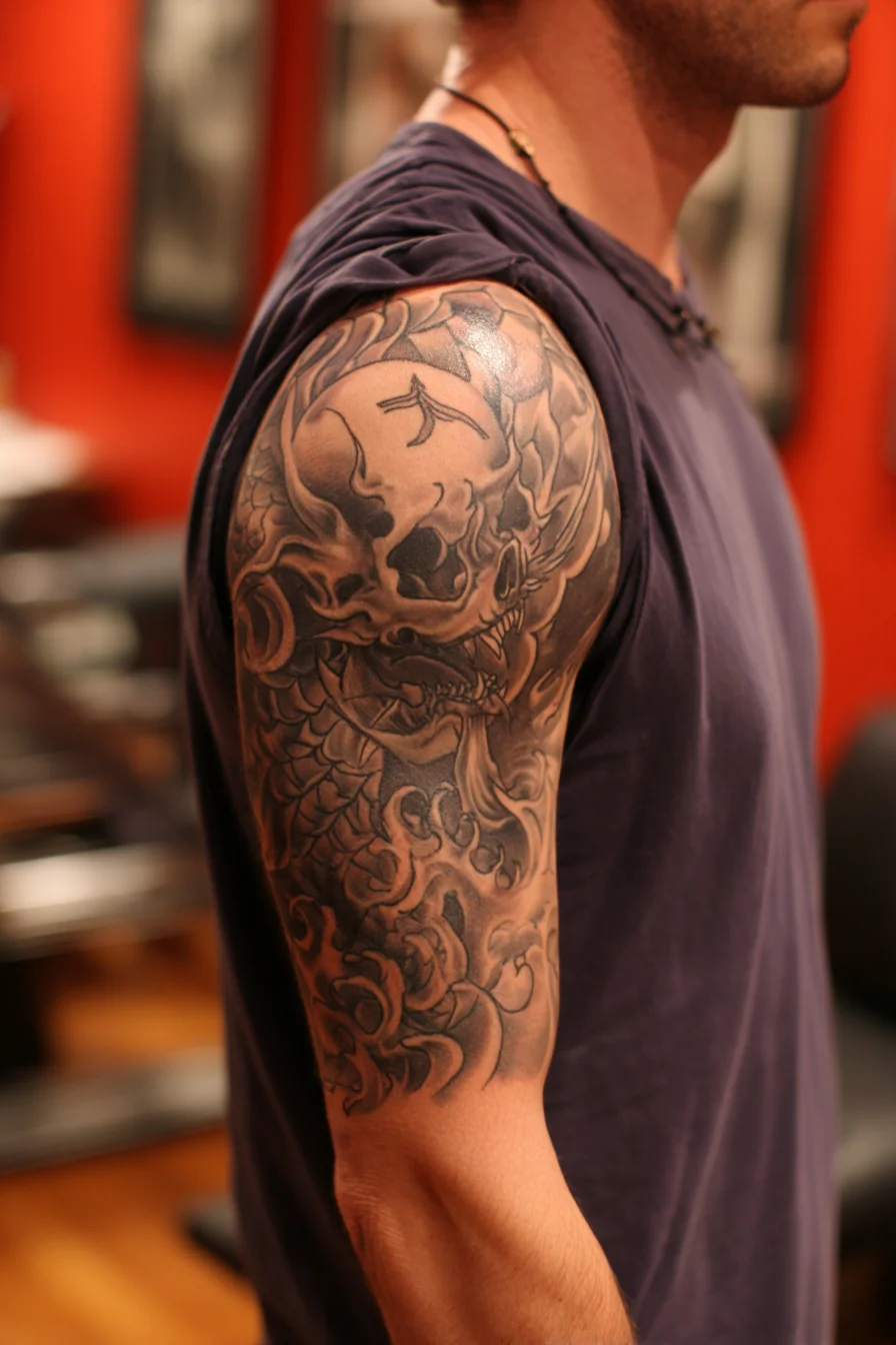 Skull & Dragon Half-Sleeve — Japanese Black & Grey Tattoo