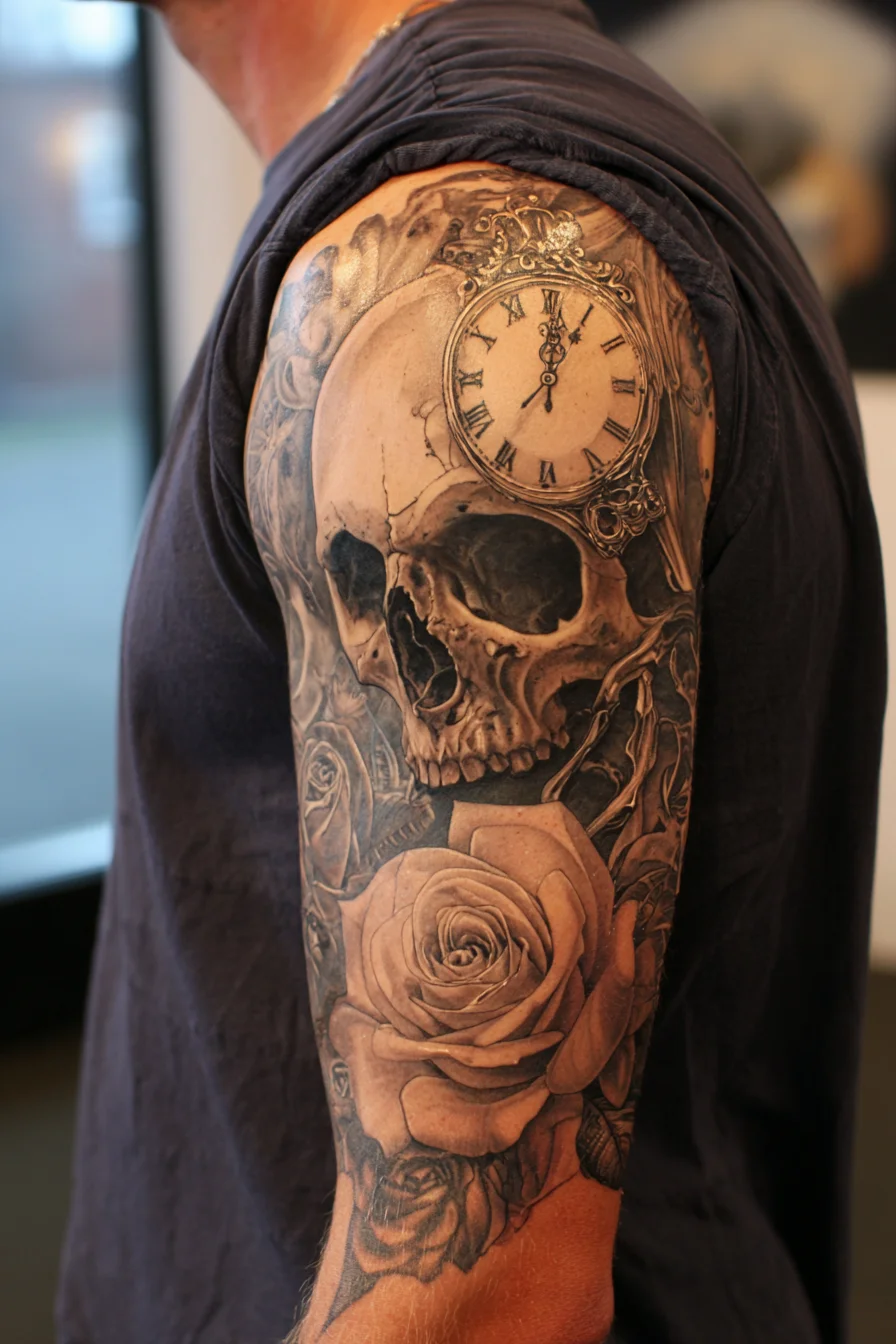 Skull, Pocket Watch & Rose Half-Sleeve Tattoo — Mens Black & Grey Realism