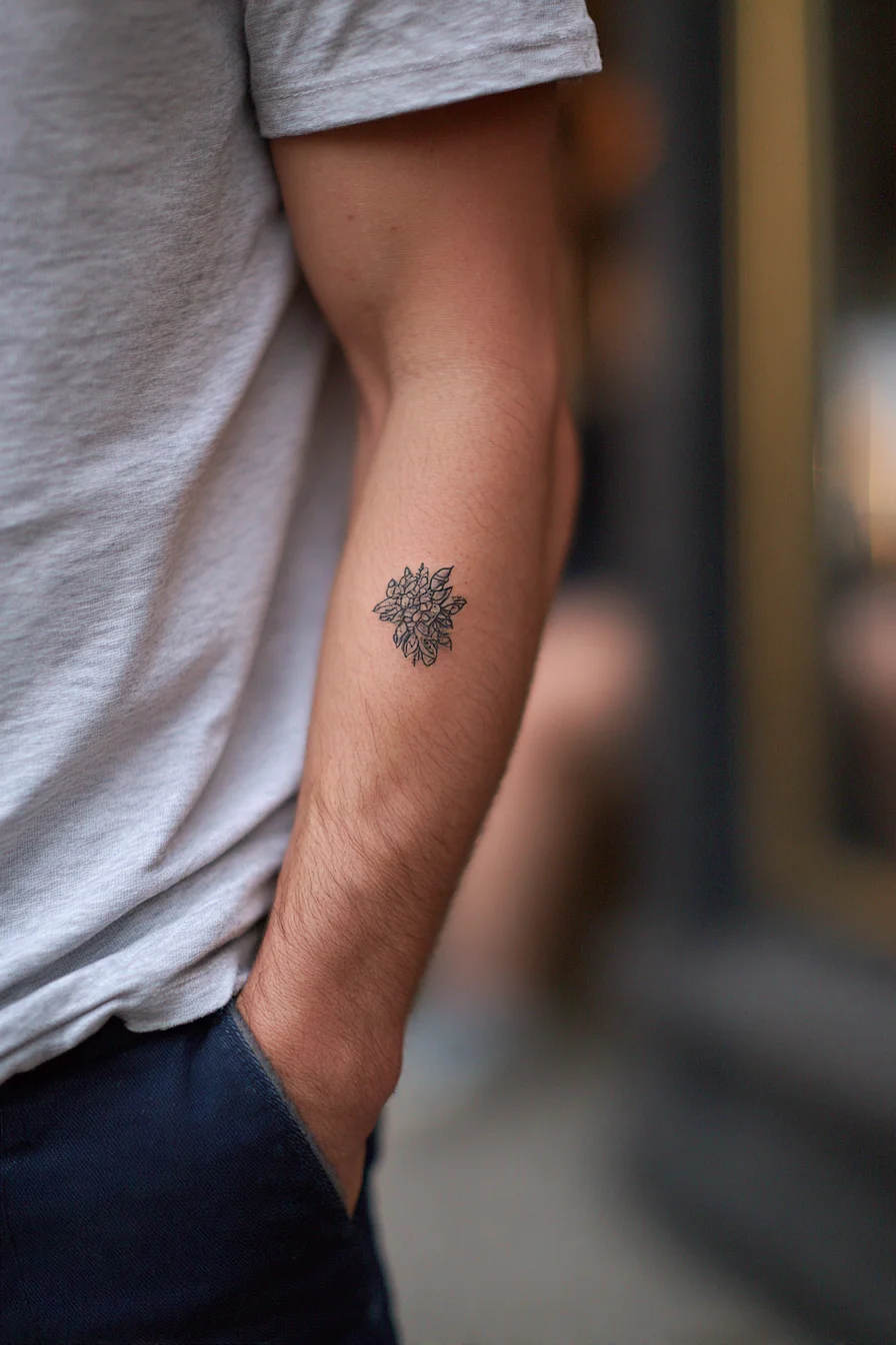 Small Blackwork Floral Cluster Tattoo - Inner Forearm Placement