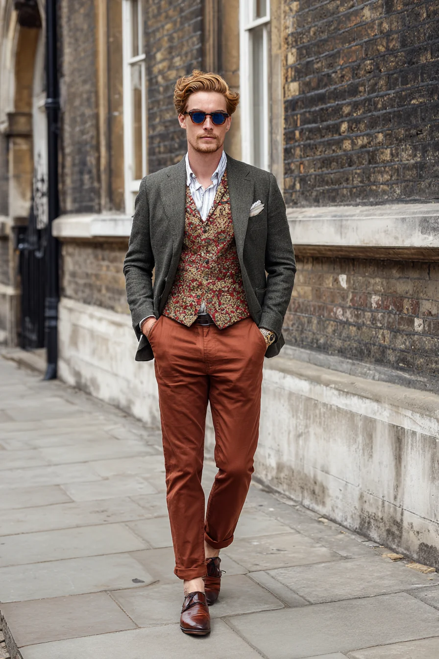 Smart-Casual Autumn Outfit: Tweed Blazer, Patterned Waistcoat & Rust Chinos
