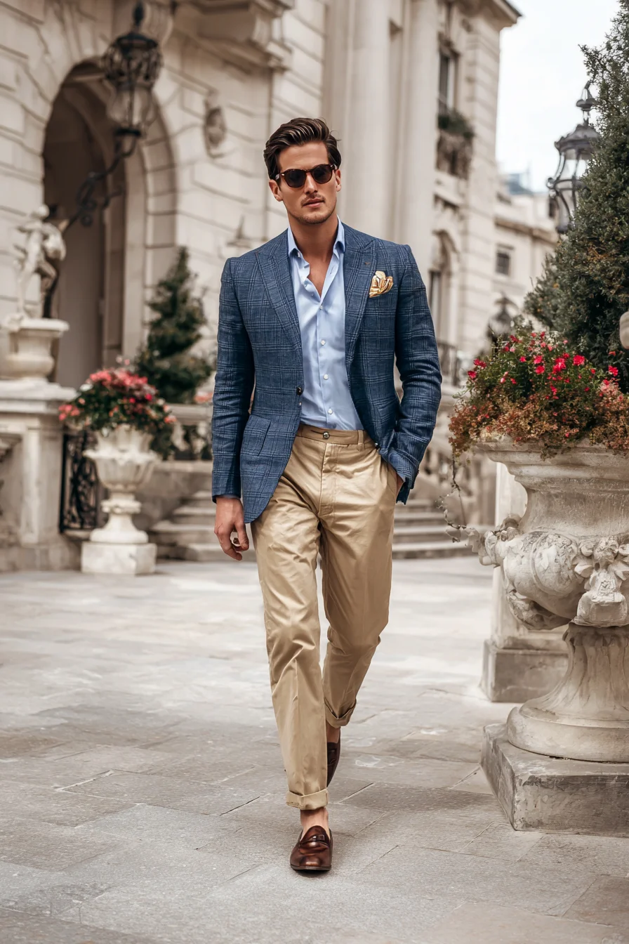 Smart Casual: Blue Checked Blazer & Khaki Chinos — Mens Stylish Everyday Look