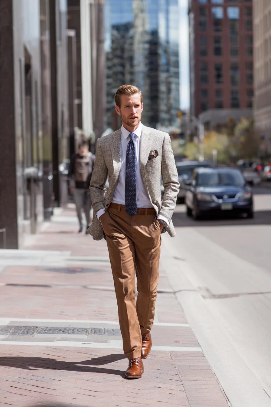 Smart-Casual Business Look: Checked Blazer, Tan Trousers & Cognac Shoes