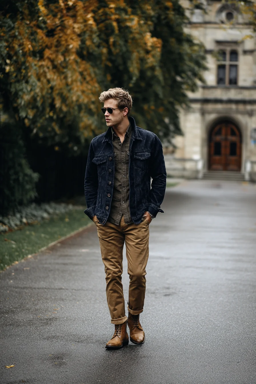 Smart-Casual Fall Outfit: Corduroy Jacket, Olive Shirt & Brown Boots