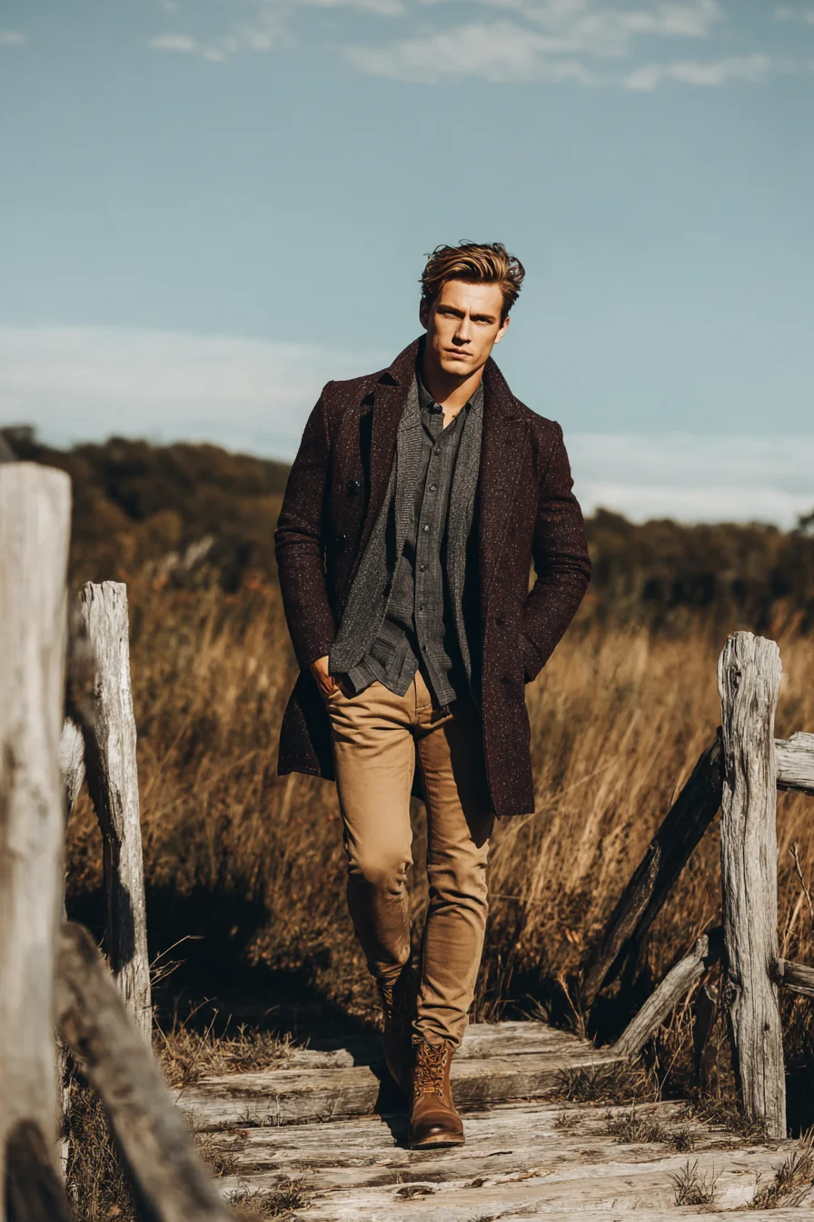 Smart-Casual Fall Outfit: Wool Overcoat, Layered Grey Knit, Tan Chinos & Leather Boots