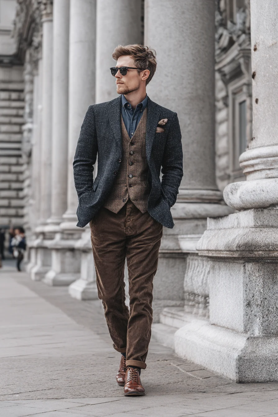 Smart-Casual Layered Look: Tweed Blazer, Waistcoat & Corduroy Trousers