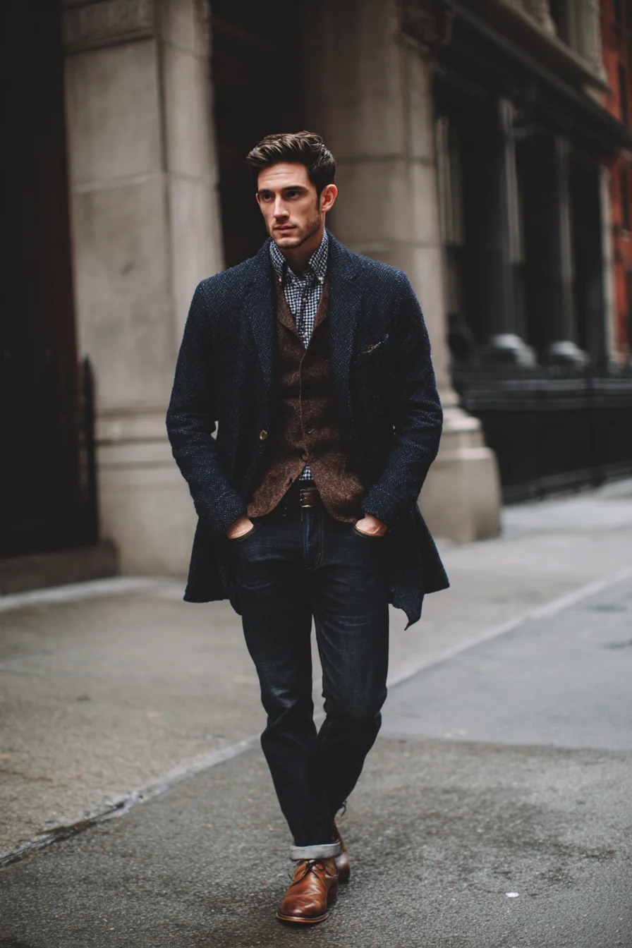 Smart-Casual Layering: Navy Overcoat with Brown Waistcoat and Dark Denim