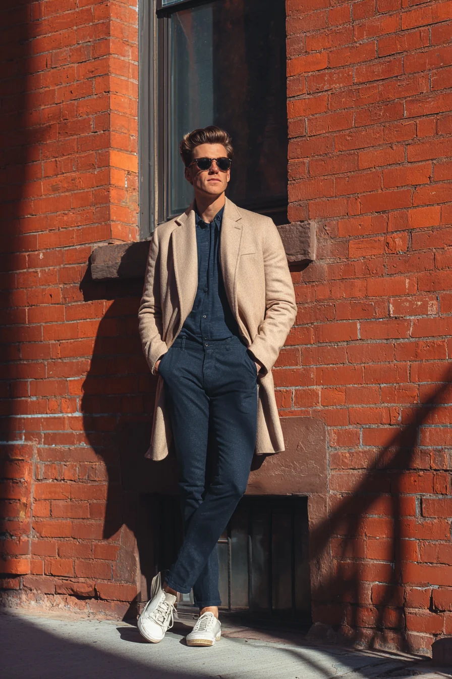 Smart-Casual Men’s Outfit — Beige Overcoat, Navy Shirt & White Sneakers