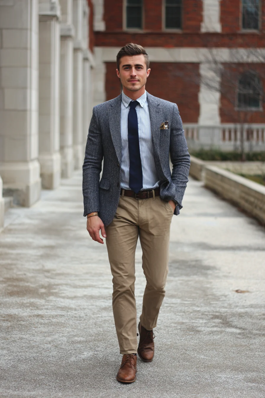 Smart-Casual Navy Blazer with Khaki Chinos and Brown Leather Boots
