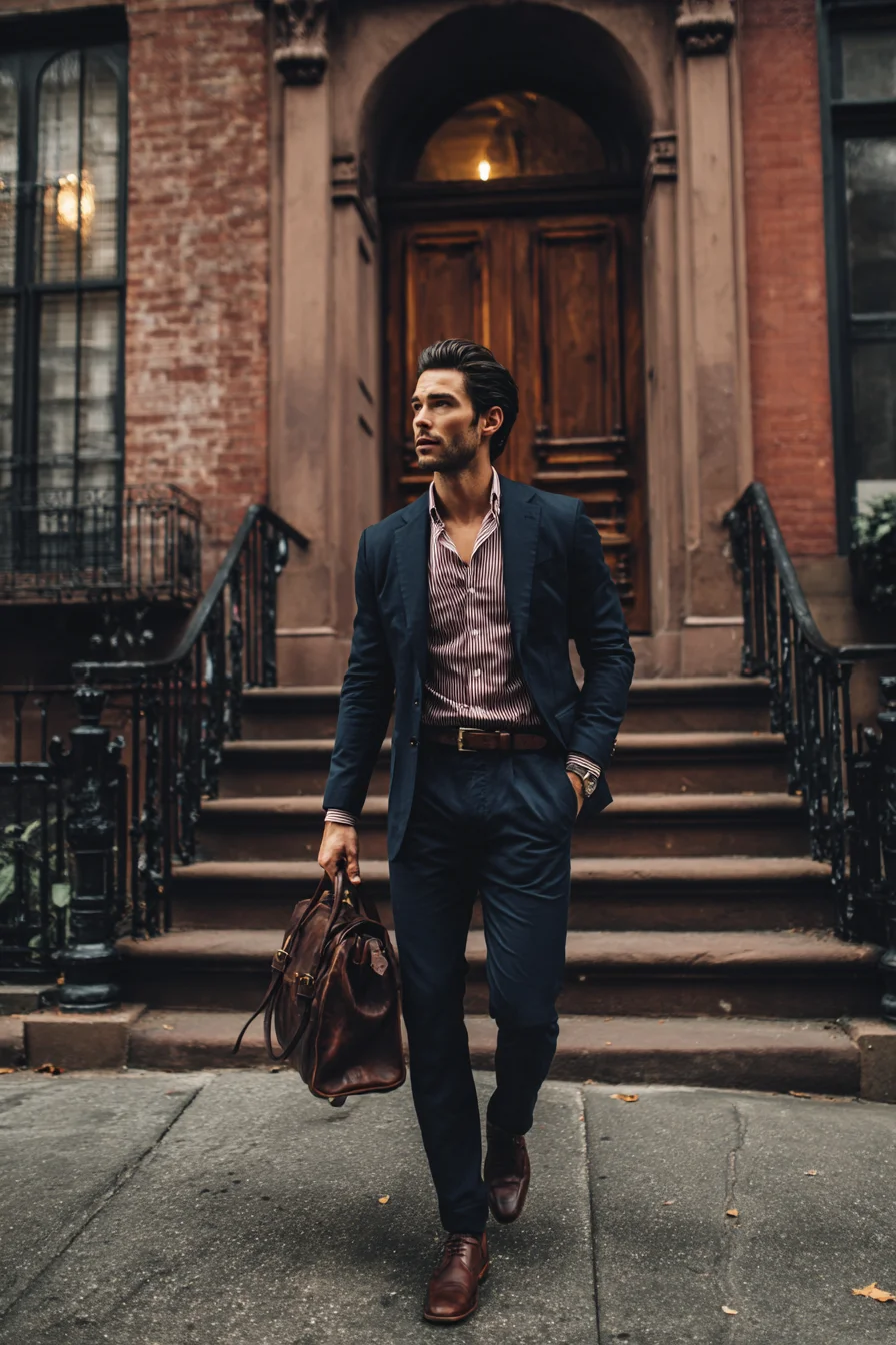 Smart-Casual Navy Suit with Striped Shirt — Modern City & Office Look